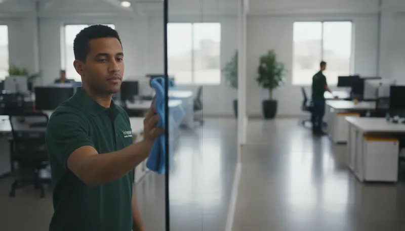 Cleaning technician detailing a glass office partition - Signal Enterprises commercial cleaning in New Orleans