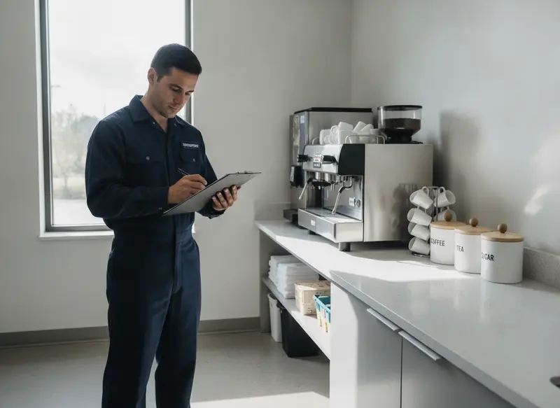 Supervisor and crew member reviewing a scope of work in a commercial hallway - Signal Enterprises commercial cleaning in Kenner