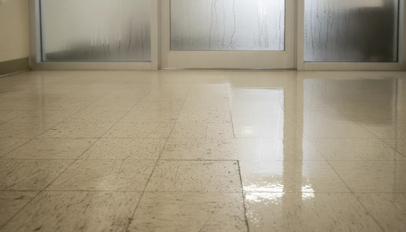 Floor technician burnishing a VCT hallway floor in a Baton Rouge commercial building