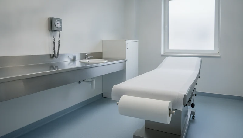 Cleaning technician disinfecting an exam room counter in a Metairie medical office