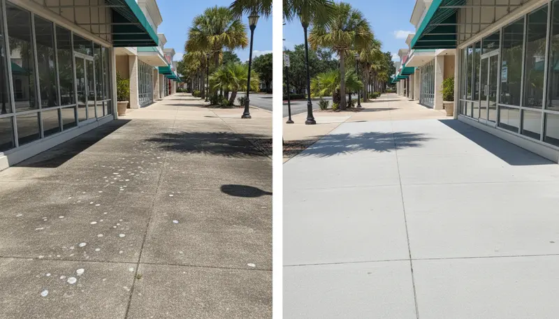 Technician pressure washing the entry sidewalk of a retail center on Siegen Lane in Baton Rouge