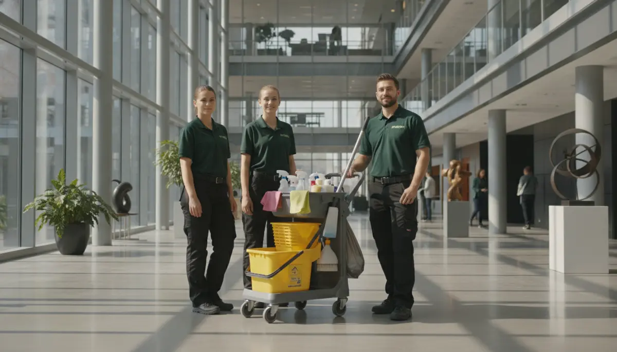 Commercial cleaning crew preparing equipment in a building lobby - Signal Enterprises commercial cleaning in Kenner