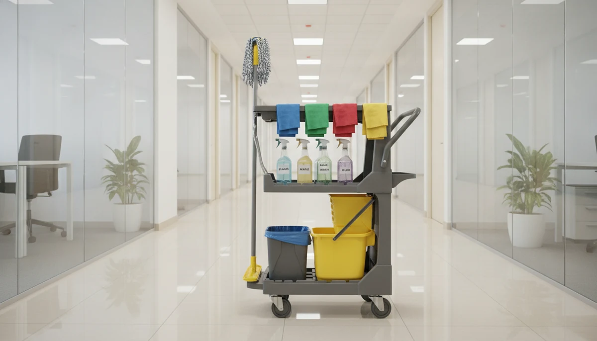 Cleaning technician wiping down an office lobby - Signal Enterprises commercial cleaning in New Orleans