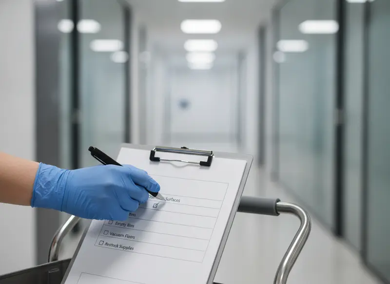 Supervisor reviewing a cleaning checklist in a commercial building - Signal Enterprises commercial cleaning in Kenner