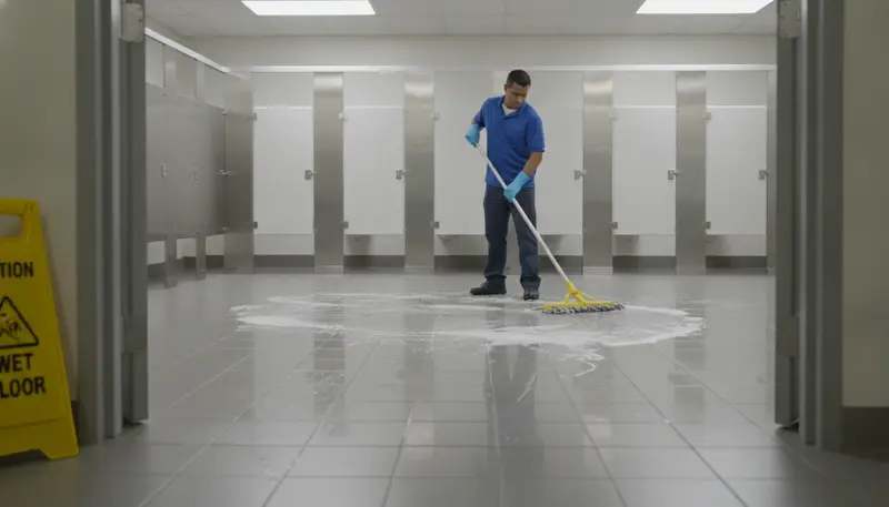 Restroom Sanitation in progress - Signal Enterprises commercial cleaning in New Orleans