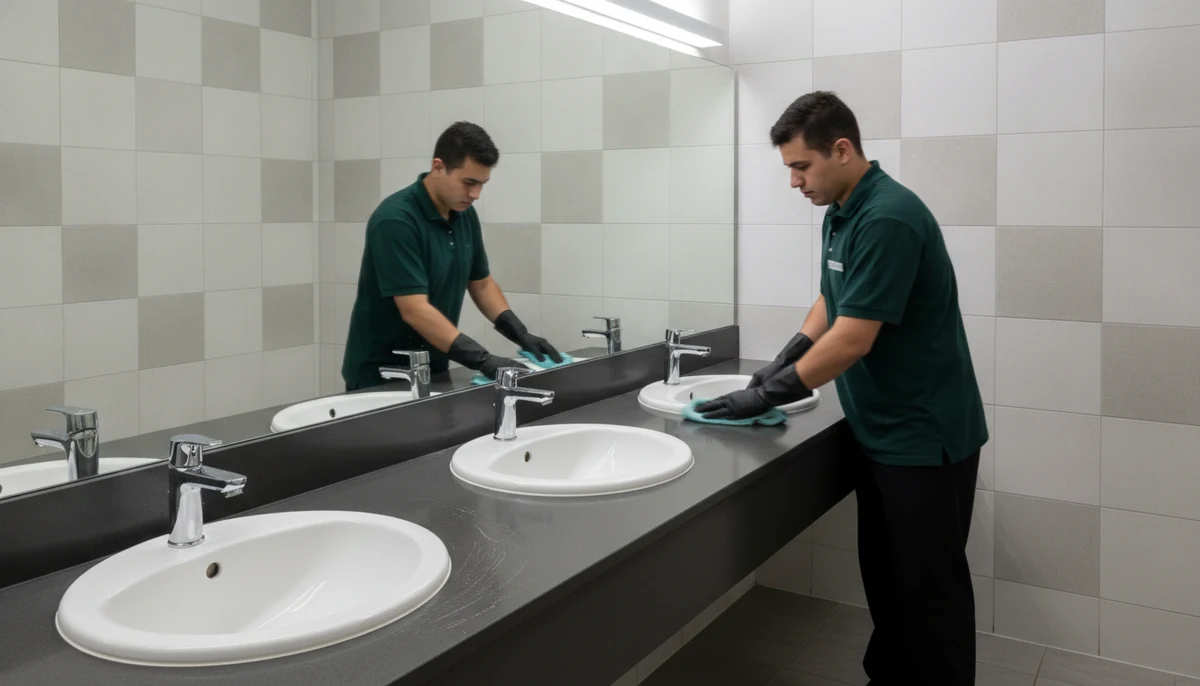 Restroom Cleaning & Sanitation crew at work - Signal Enterprises commercial cleaning in New Orleans